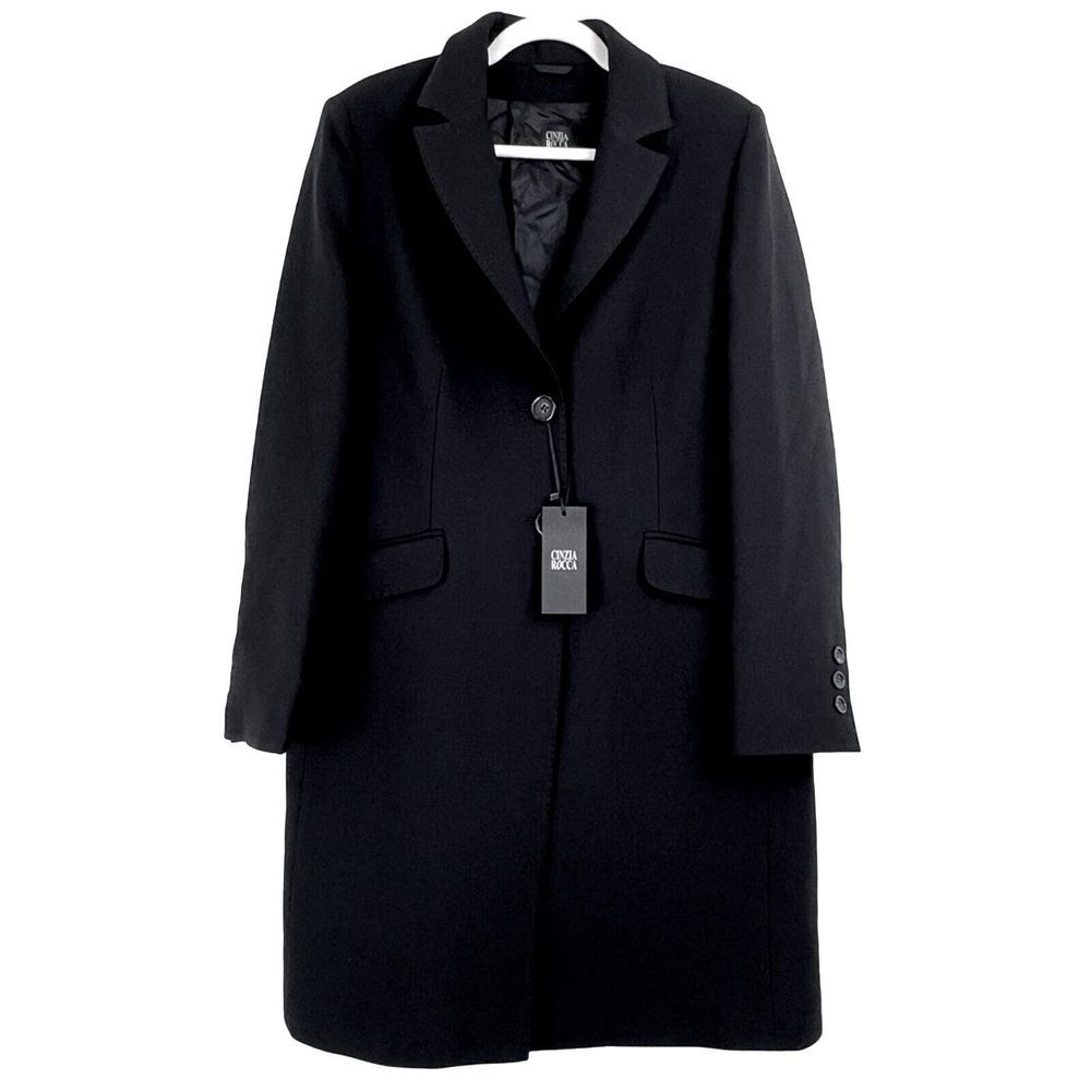 NEW CINZIA ROCCA Women's Size 12 100% Virgin Wool Long Trench Coat Black Italy